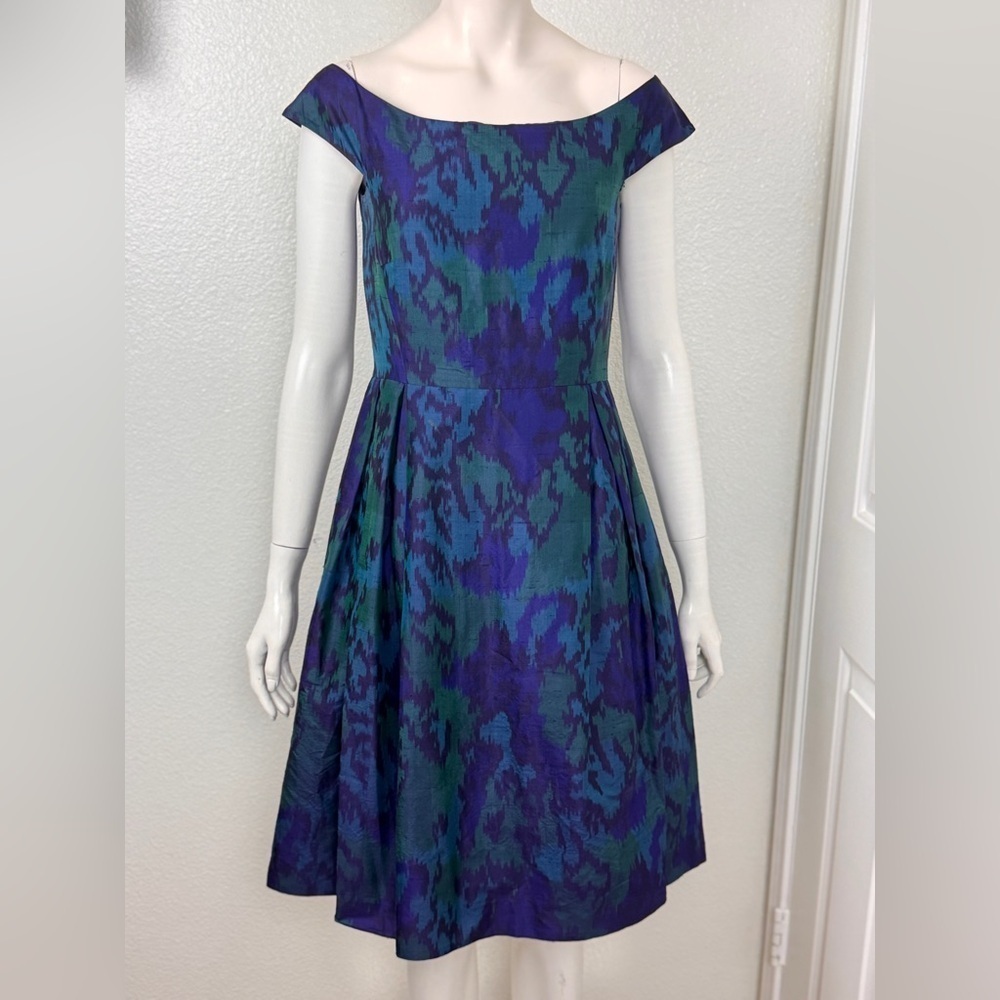 RED Valentino Vintage 100% Silk Romantic Casual Teal/Purple Midi Dress Size 4 D9